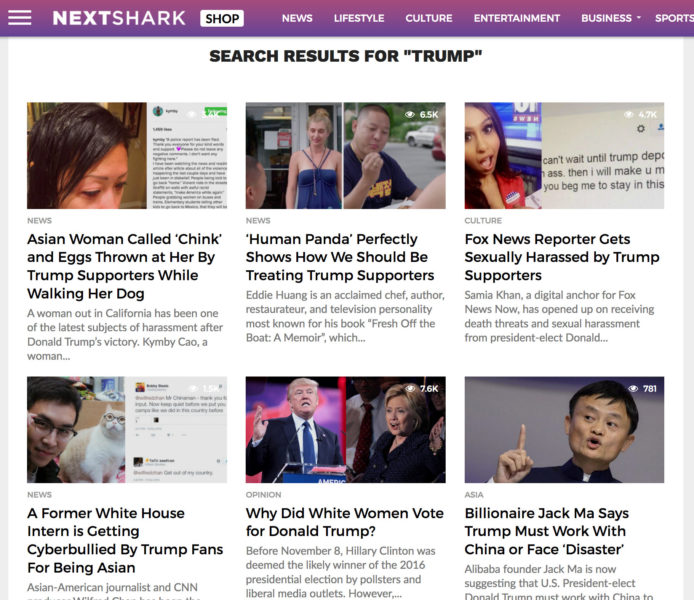 Screenshot of NextShark keyword search on Trump